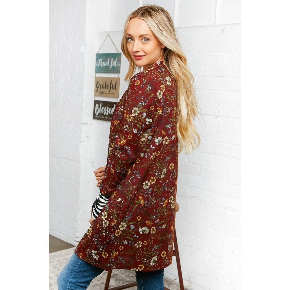 Burgundy Floral Stripe Cardigan with Thumbholes - Picture 2 of 10